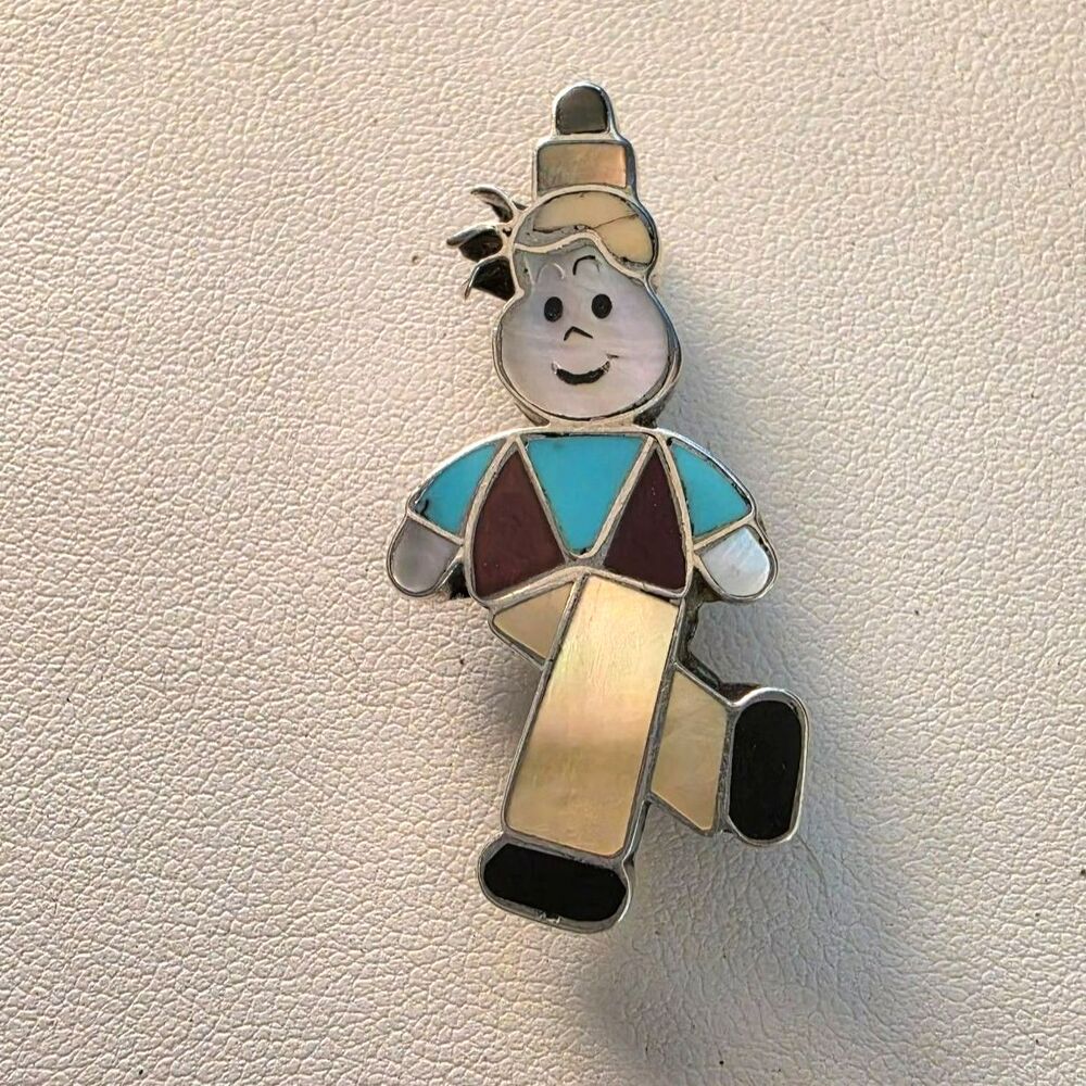 Vintage Zuni Sterling Silver Multi-Stone Inlay Sluggo Smith Pin Brooch - Signed